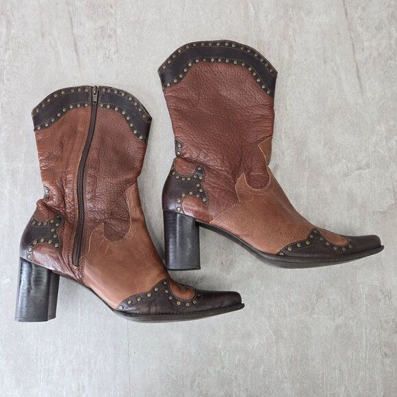 Matisse Western Cowgirl Boots Brown Leather Block Heel Victorian Pointed Booties - Picture 5 of 14